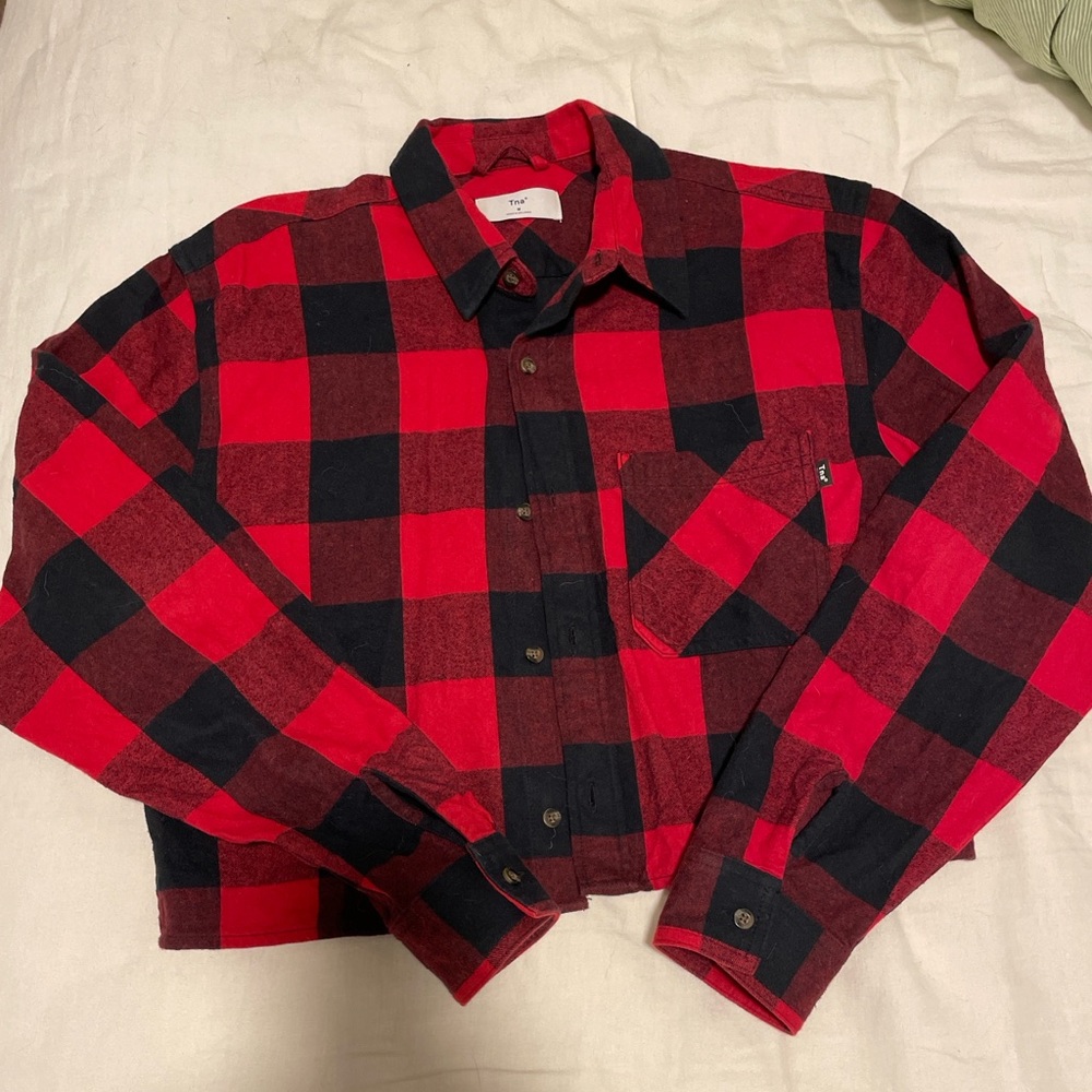 TNA Red and Black Cropped Checkered Shirt